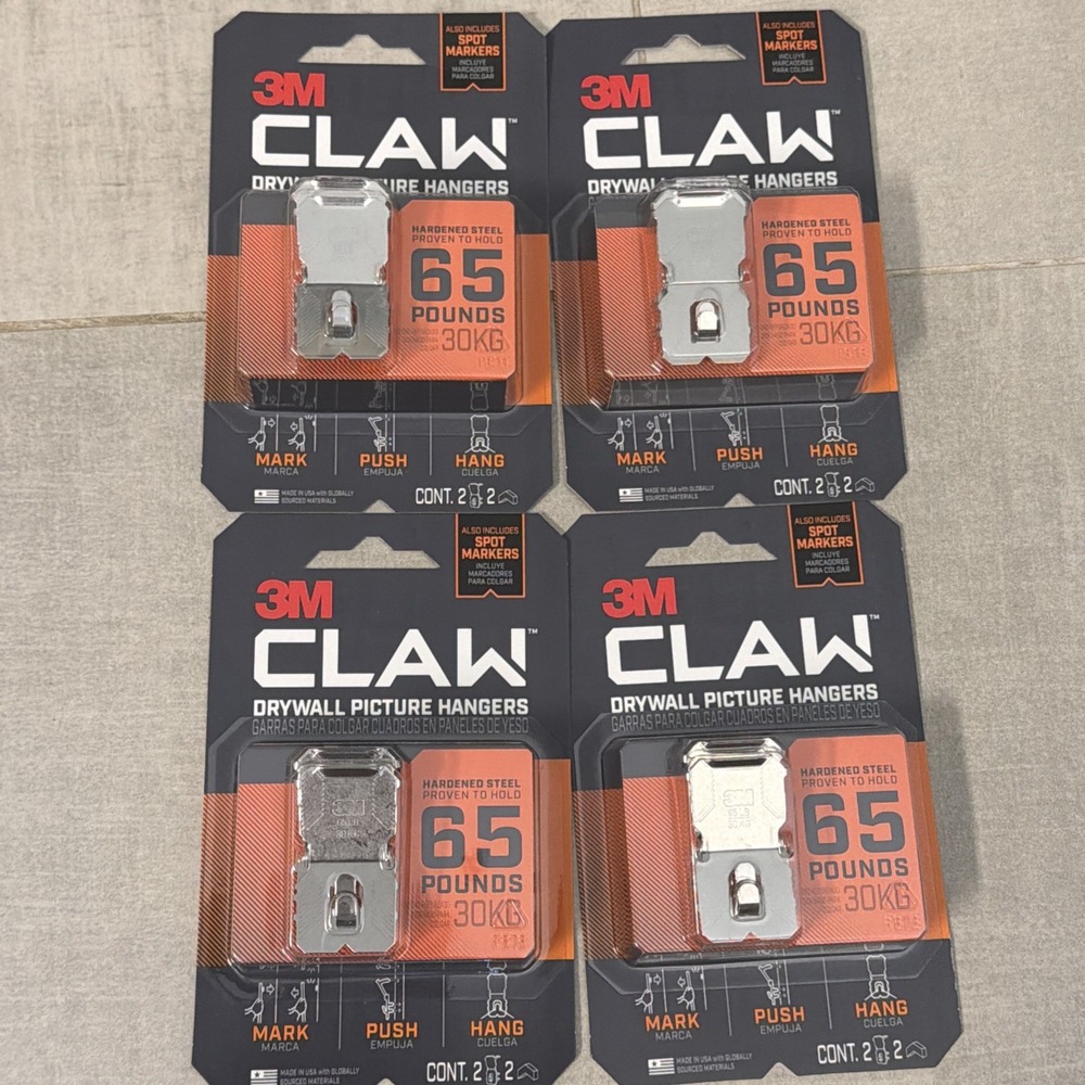 3M CLAW Drywall Picture Hangers 65 LB Hardened Steel 4 Pack 8 Hangers Total